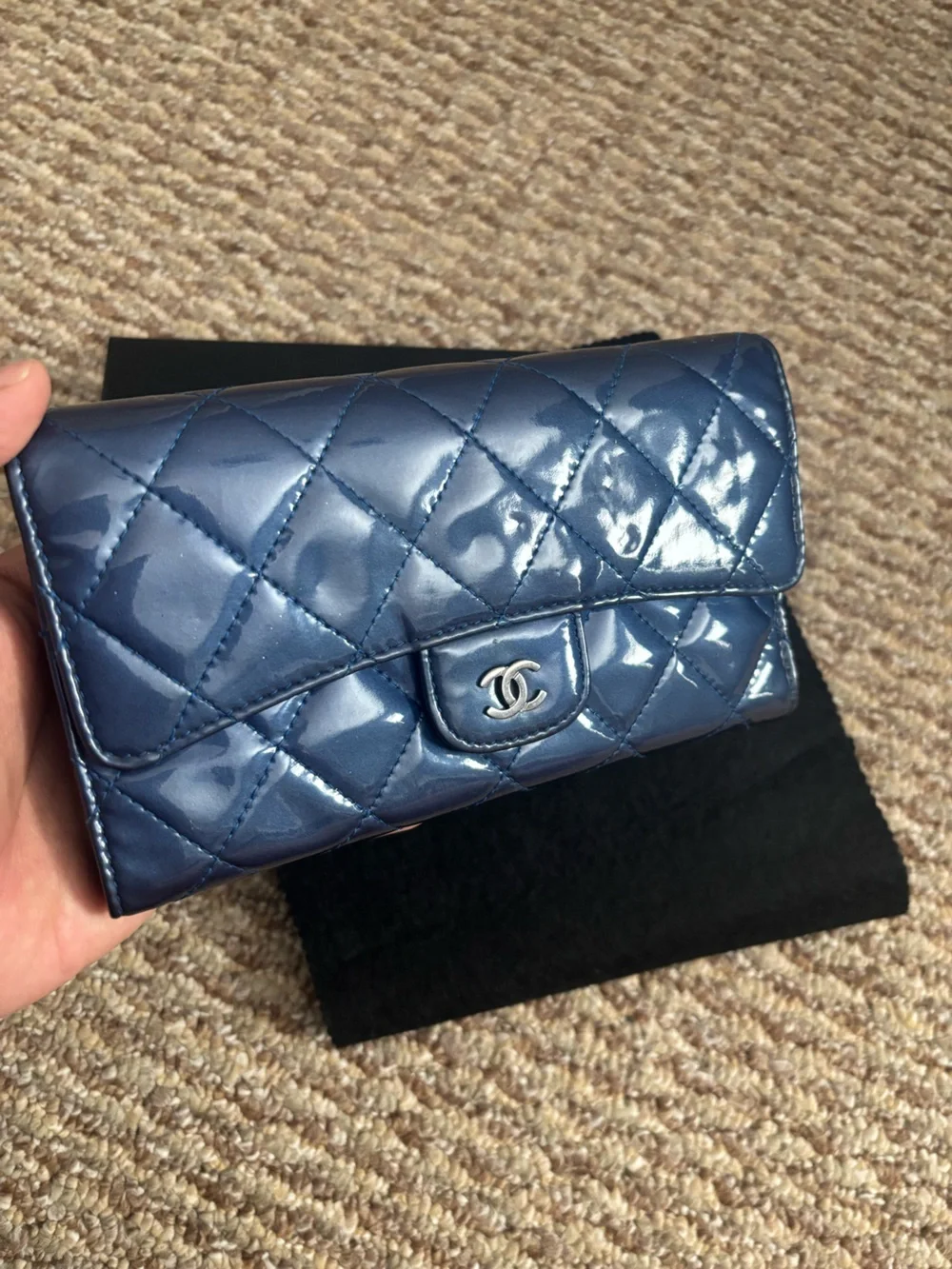 Authentic CHANEL Continental Quilted Patent Leather Wallet in Deep Blue